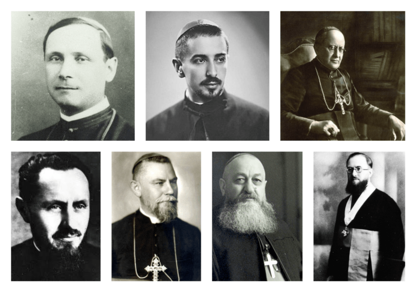 Fra øverst til venstre: biskopene Julius Hossu, Johannes Suciu, Alexander Rusu, Titus Livius Chinezu, Johannes Bălan, Valerius Trajan Frenţiu og Basilios Aftenie