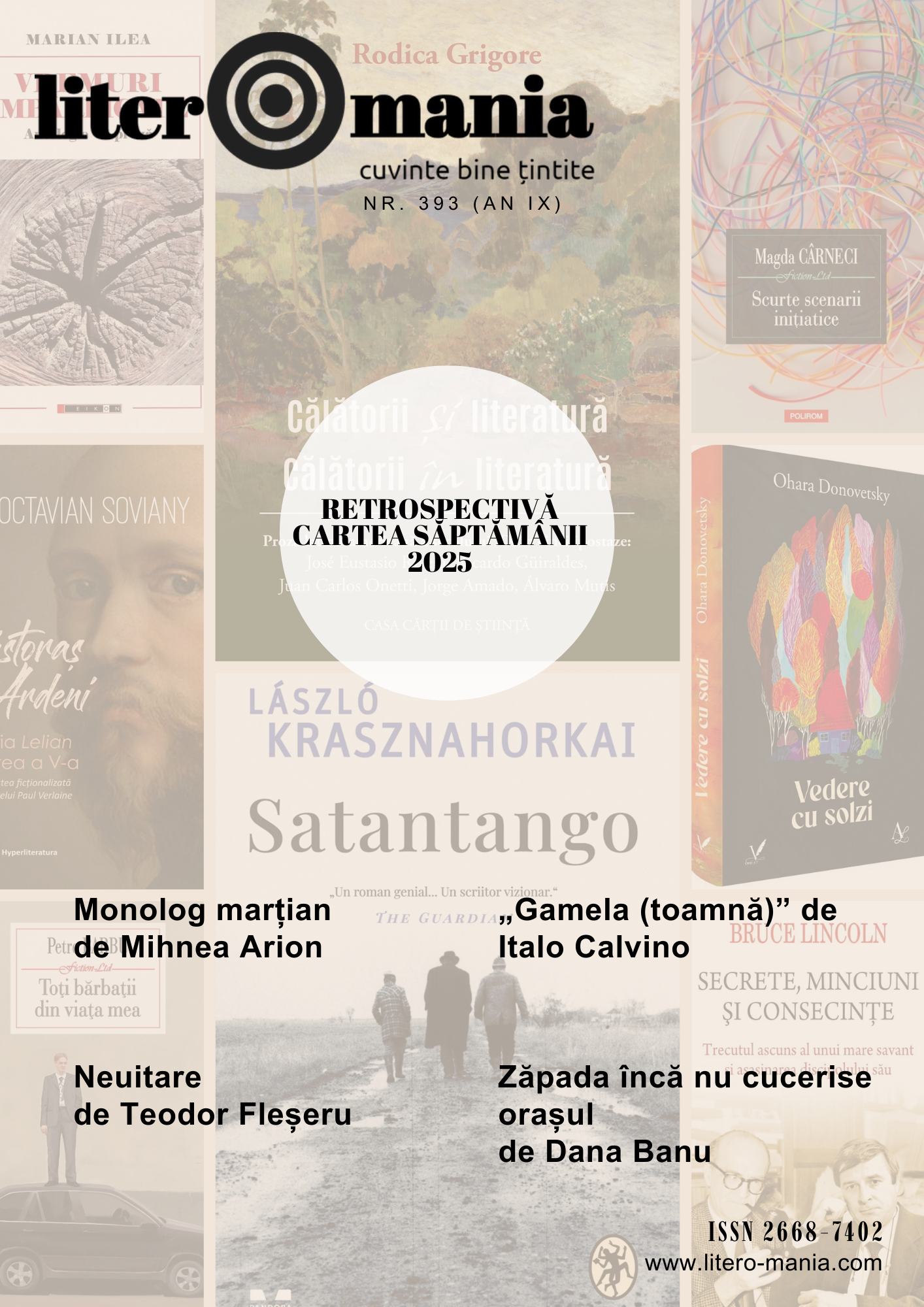 Coperta revistei Literomania nr. 393 (ANUL 2026) - Conține retrospectivă „Cartea săptămânii” 2025 pe Literomania. 
