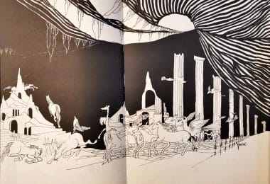 Ilustrație de Florin Pucă din volumul „Spectacol” de Leonid Dimov (Editura Cartea Românească, 1979)